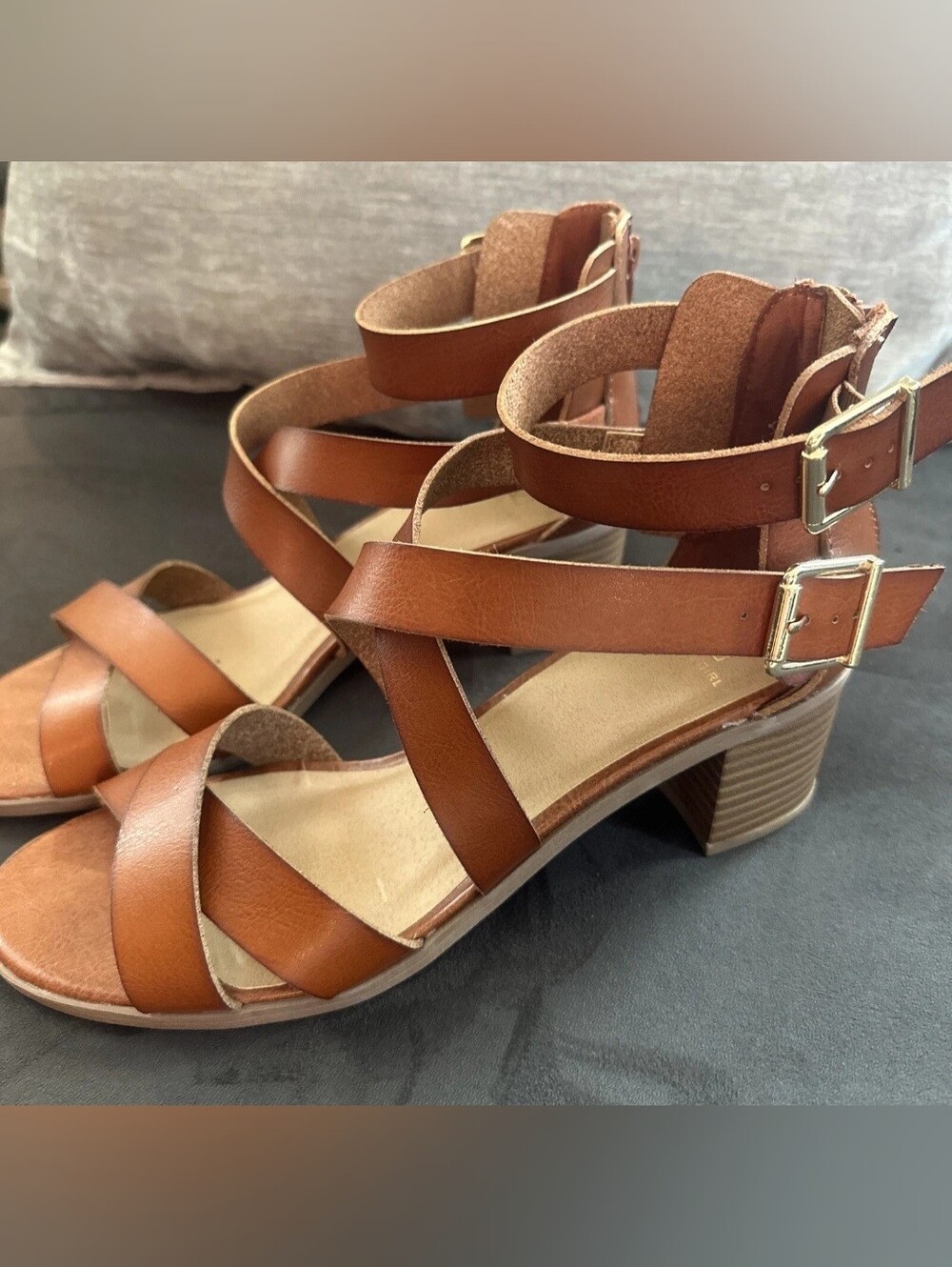 Material Girl Tan Brown Strappy Block Heel Sandals
